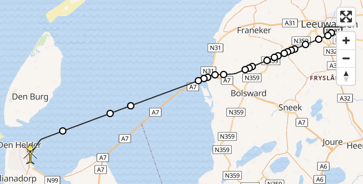 Routekaart van de vlucht: Kustwachthelikopter naar Den Helder, Oostoeverweg