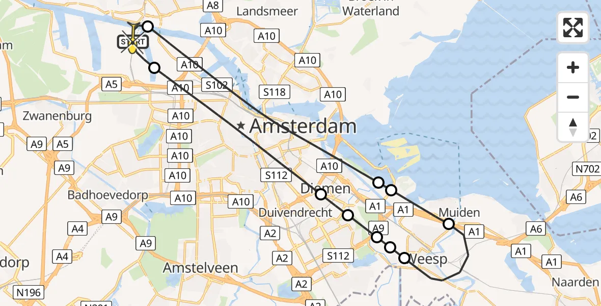 Routekaart van de vlucht: Lifeliner 1 naar Amsterdam Heliport, Capriweg