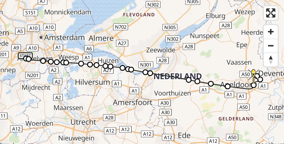 Routekaart van de vlucht: Politieheli naar Vliegveld Teuge, de Zanden