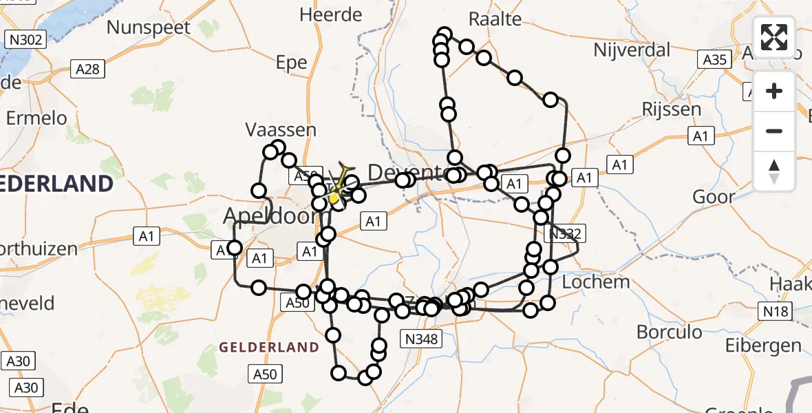 Routekaart van de vlucht: Politiehelikopter naar Vliegveld Teuge, de Zanden