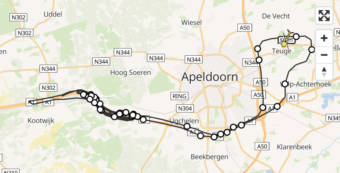 Routekaart van de vlucht: Politiehelikopter naar Vliegveld Teuge, de Zanden