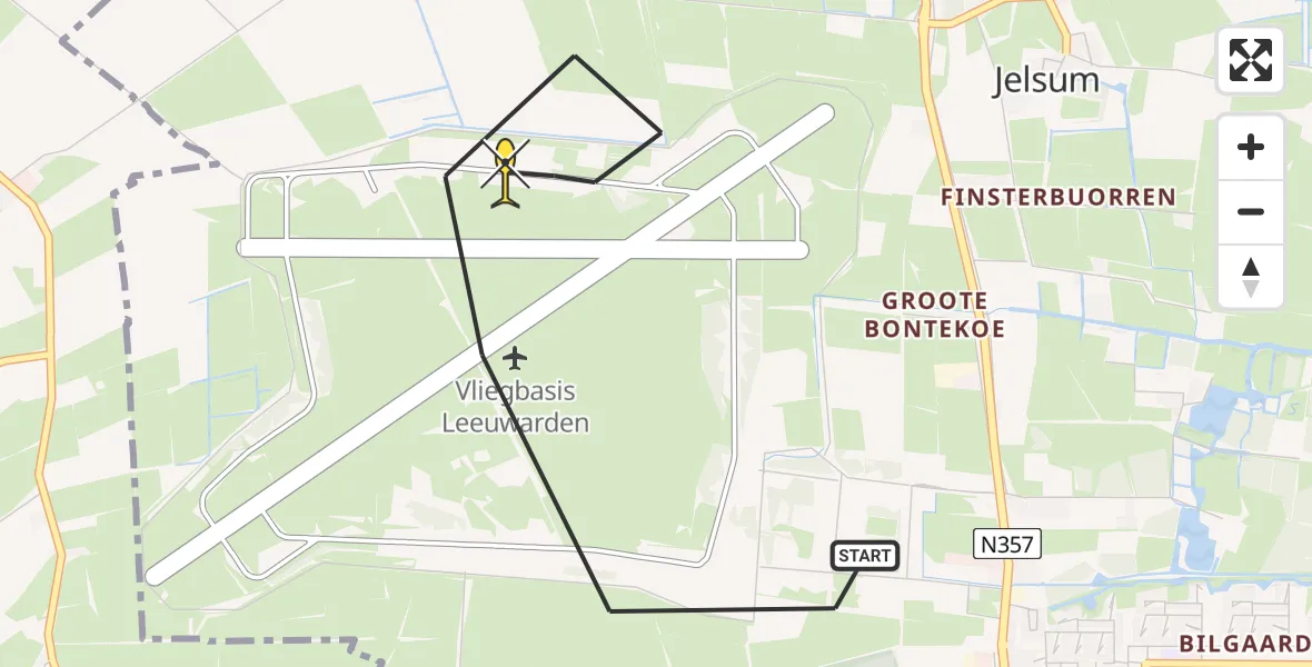 Routekaart van de vlucht: Ambulancehelikopter naar Vliegbasis Leeuwarden, Keegsdijkje
