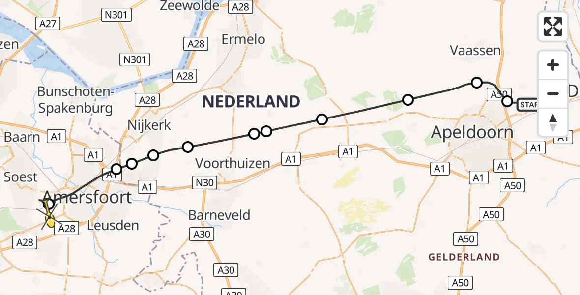 Routekaart van de vlucht: Politieheli naar Soest, Barchman Wuytierslaan