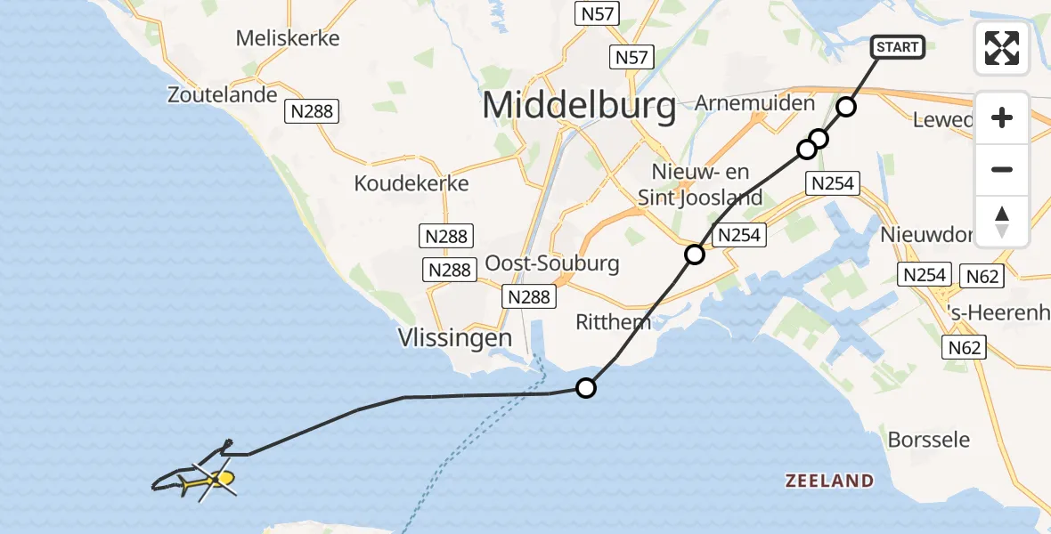 Routekaart van de vlucht: Kustwachthelikopter naar Vlissingen, Rijksweg