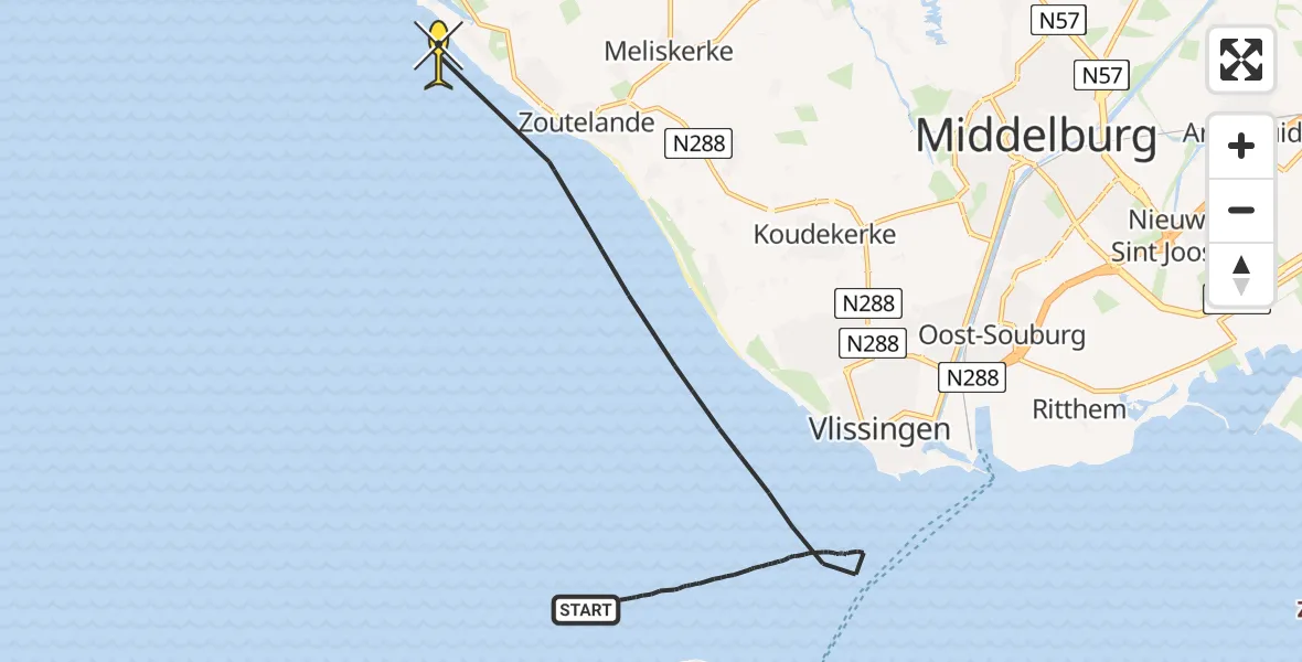 Routekaart van de vlucht: Kustwachthelikopter naar Vlissingen, Strand Westkapelle