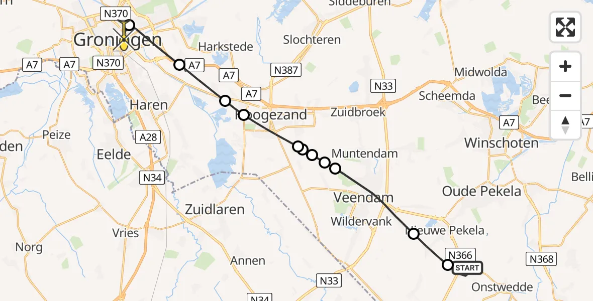 Routekaart van de vlucht: Lifeliner 4 naar Universitair Medisch Centrum Groningen, Poortweg