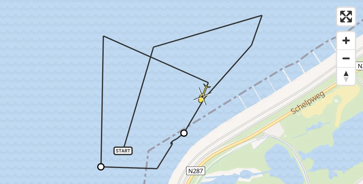 Routekaart van de vlucht: Kustwachthelikopter naar Vlissingen, Zeedijk