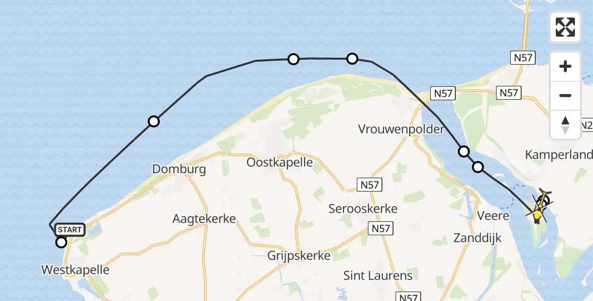 Routekaart van de vlucht: Kustwachthelikopter naar Veere, Sint Felixweg