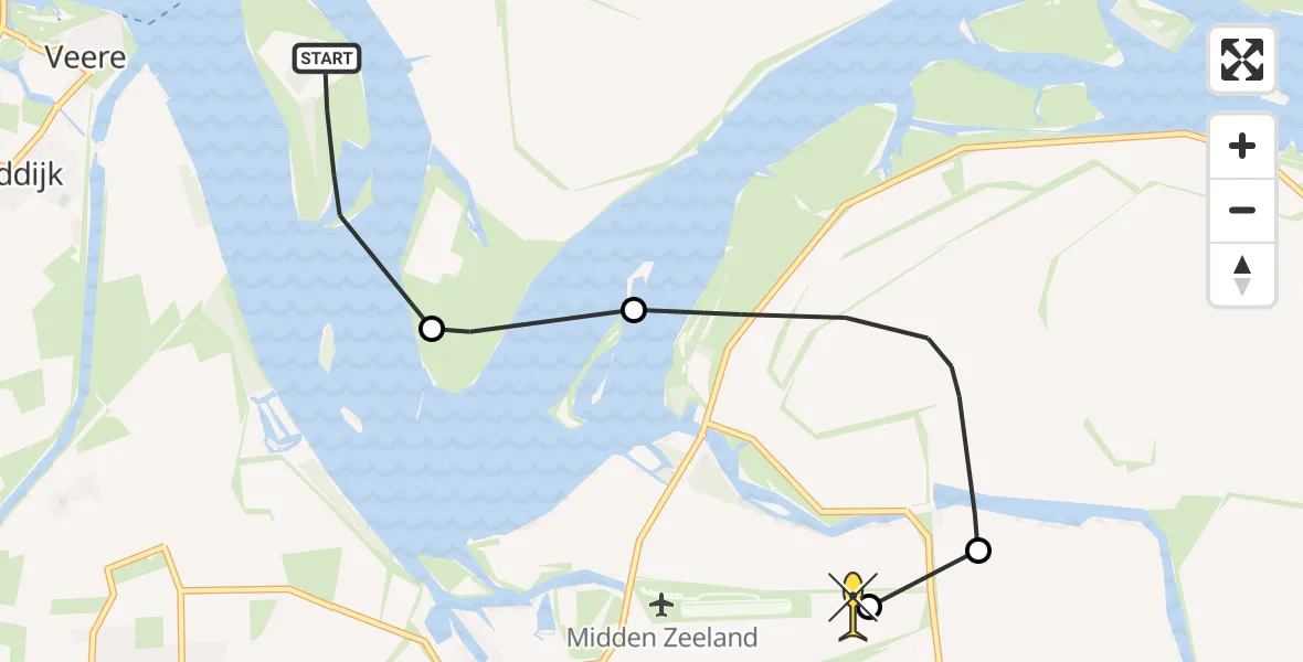 Routekaart van de vlucht: Kustwachthelikopter naar Vliegveld Midden-Zeeland, Calandweg