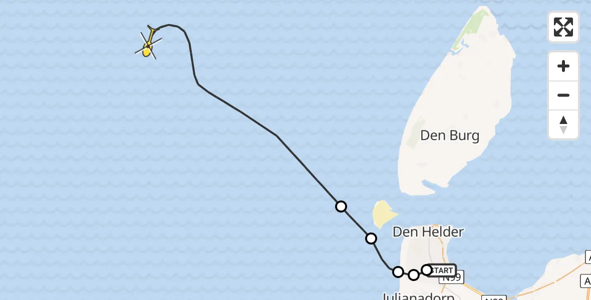 Routekaart van de vlucht: Kustwachthelikopter naar Kortevliet