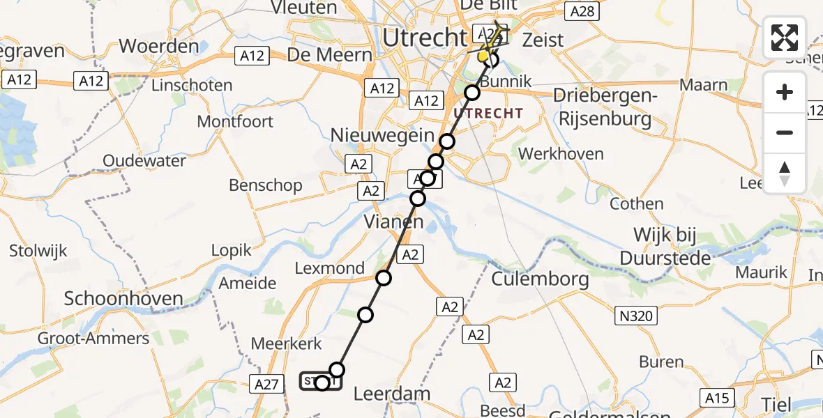 Routekaart van de vlucht: Lifeliner 1 naar Universitair Medisch Centrum Utrecht, UMC Ambulancetunnel