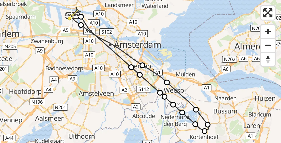 Routekaart van de vlucht: Lifeliner 1 naar Amsterdam Heliport, Capriweg