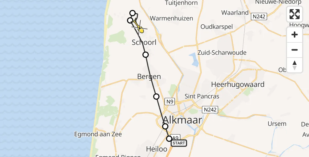 Routekaart van de vlucht: Lifeliner 1 naar Schoorl, Moorpad