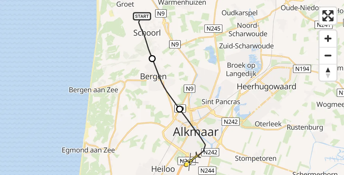Routekaart van de vlucht: Lifeliner 1 naar Alkmaar, Parelweg