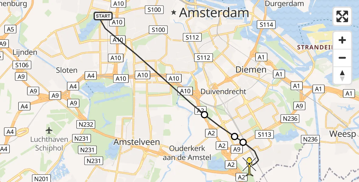 Routekaart van de vlucht: Lifeliner 1 naar Academisch Medisch Centrum (AMC), Helipad
