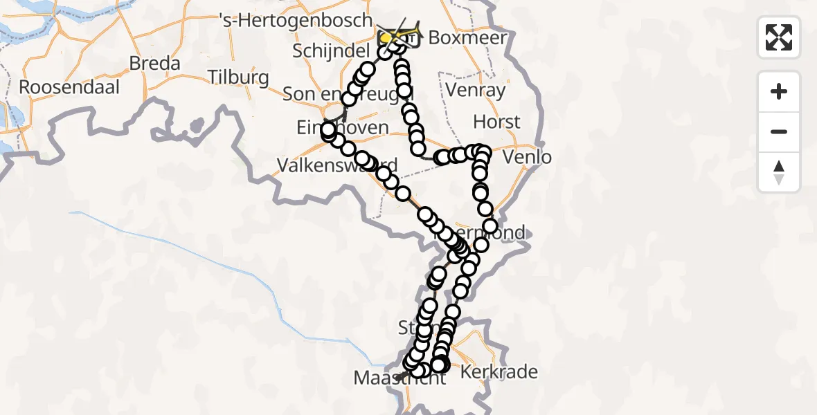 Routekaart van de vlucht: Politiehelikopter naar Vliegbasis Volkel, Zeelandsedijk