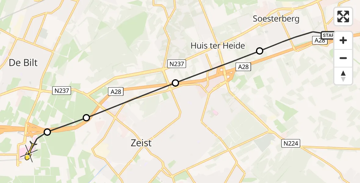 Routekaart van de vlucht: Lifeliner 1 naar Universitair Medisch Centrum Utrecht, UMC Ambulancetunnel