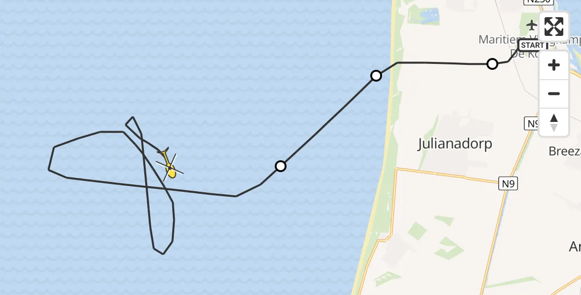 Routekaart van de vlucht: Kustwachthelikopter naar Middenvliet