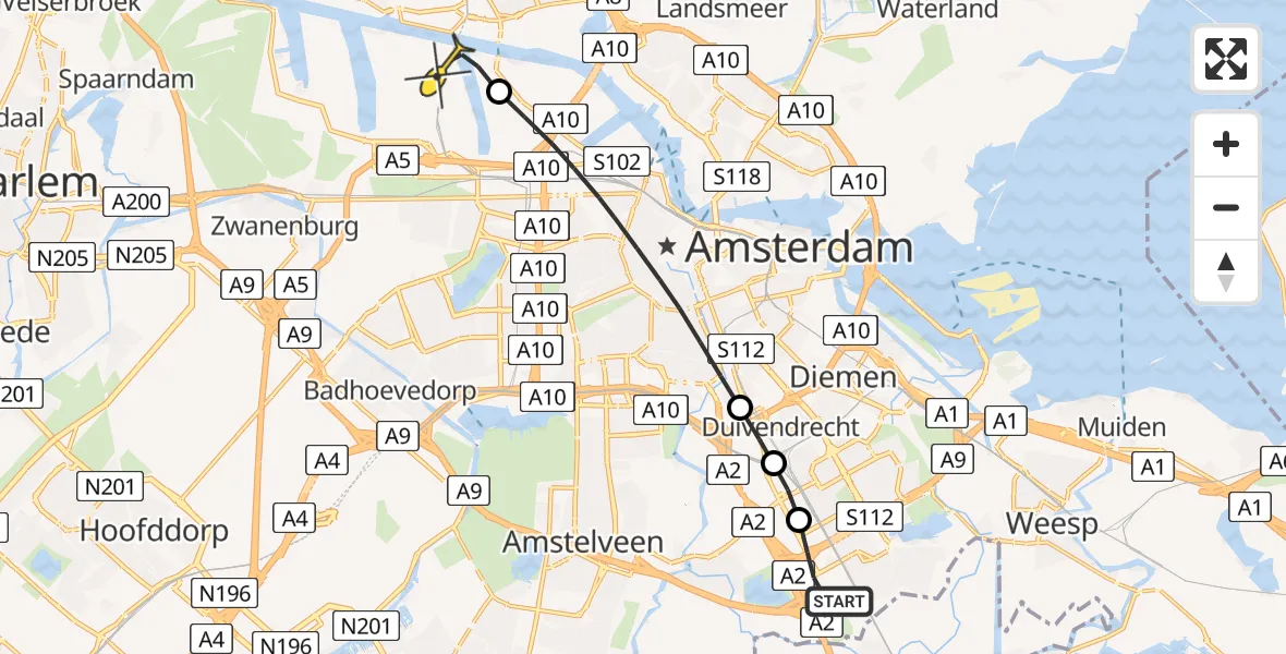 Routekaart van de vlucht: Lifeliner 1 naar Amsterdam Heliport, Capriweg