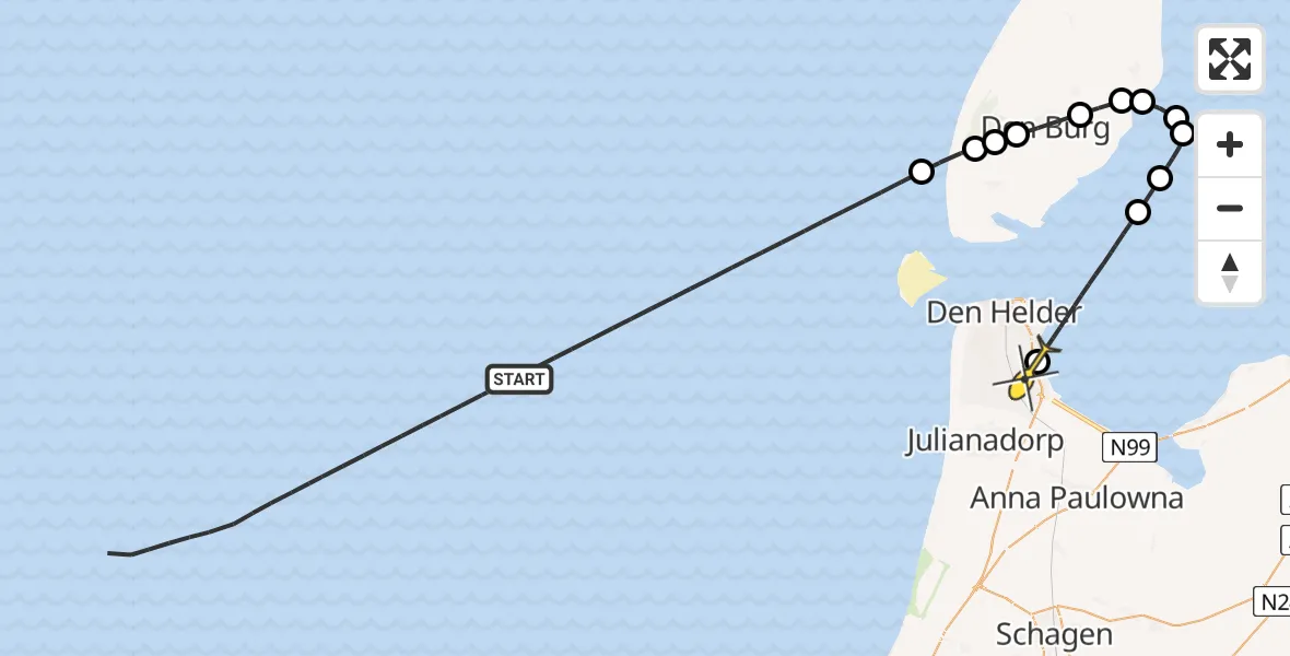 Routekaart van de vlucht: Kustwachthelikopter naar Vliegveld De Kooy, Rijksweg