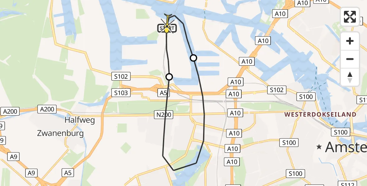 Routekaart van de vlucht: Lifeliner 1 naar Amsterdam Heliport, Capriweg