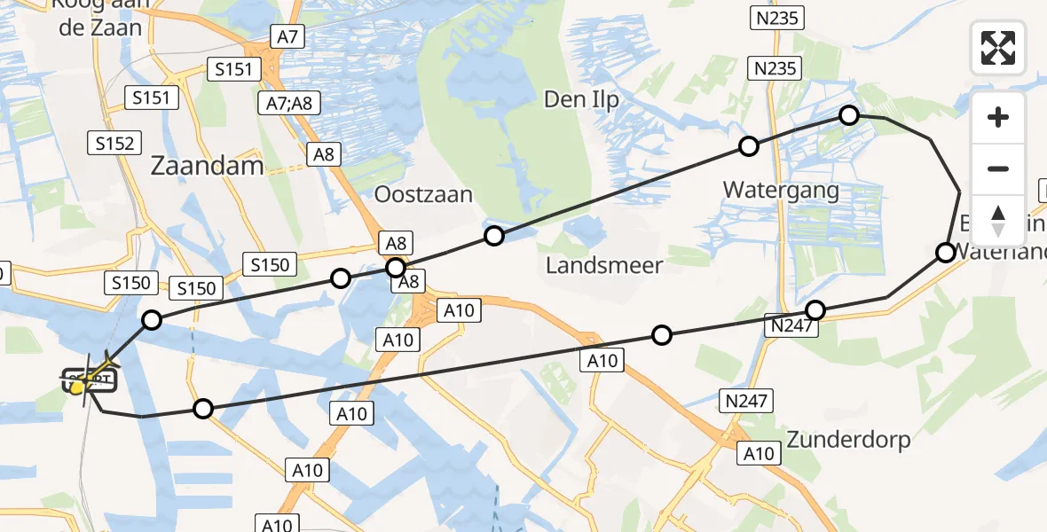 Routekaart van de vlucht: Lifeliner 1 naar Amsterdam Heliport, Capriweg