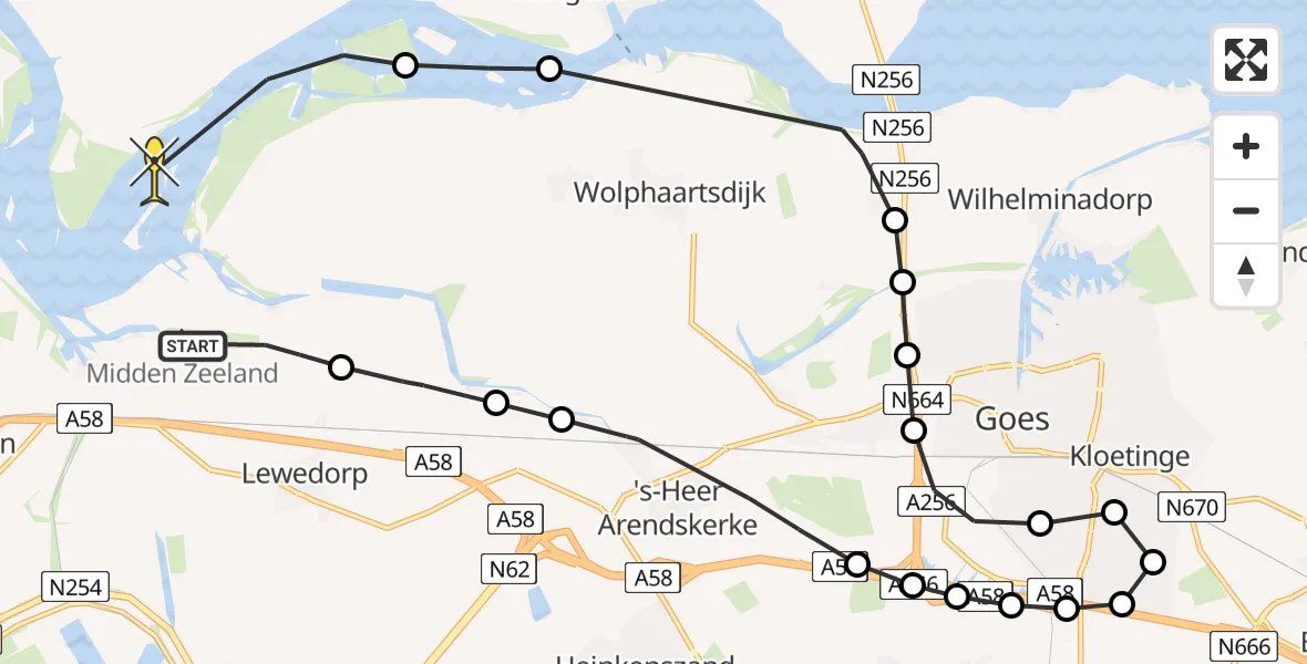 Routekaart van de vlucht: Kustwachthelikopter naar Wolphaartsdijk, Zandkreekplaat
