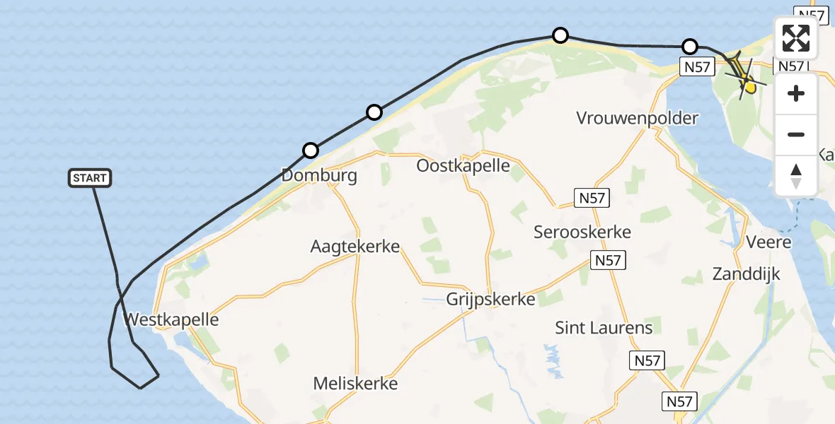 Routekaart van de vlucht: Kustwachthelikopter naar Kamperland, Schotsman