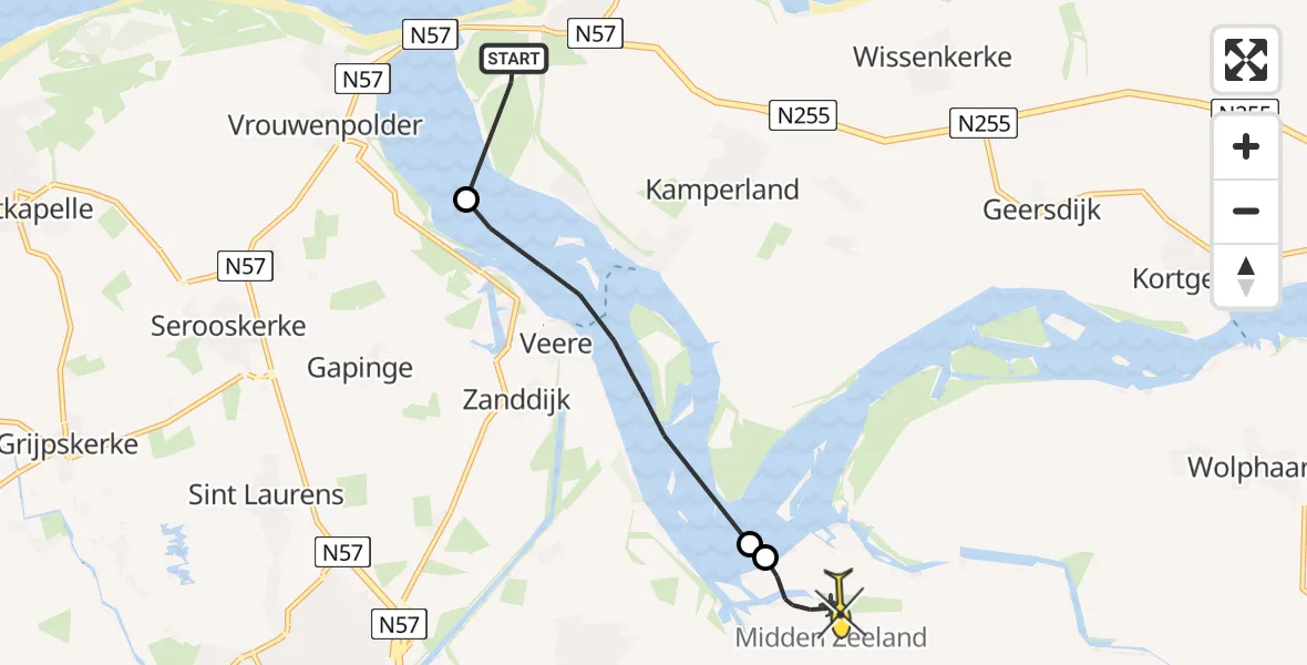 Routekaart van de vlucht: Kustwachthelikopter naar Vliegveld Midden-Zeeland, Calandweg