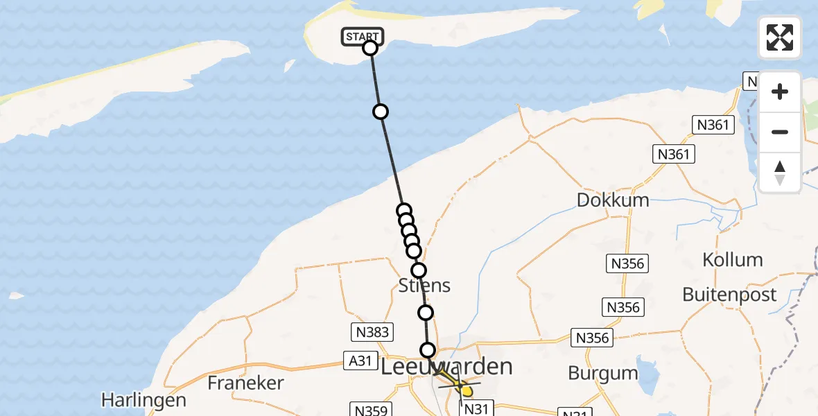 Routekaart van de vlucht: Ambulancehelikopter naar Leeuwarden, Aldlânsdyk