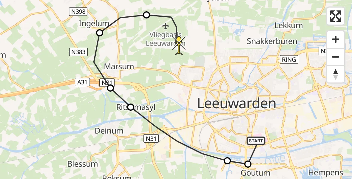 Routekaart van de vlucht: Ambulanceheli naar Vliegbasis Leeuwarden, Keegsdijkje