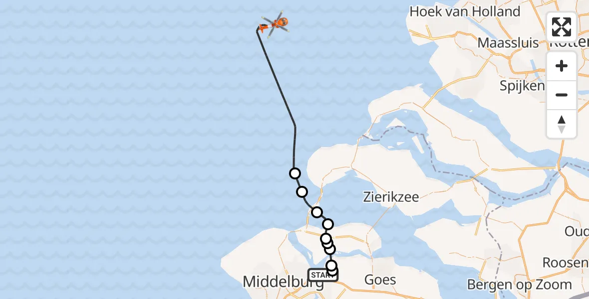 Vluchtroute Kustwachthelikopter Vliegveld Midden-Zeeland - , 21 december 2025, 12:16
