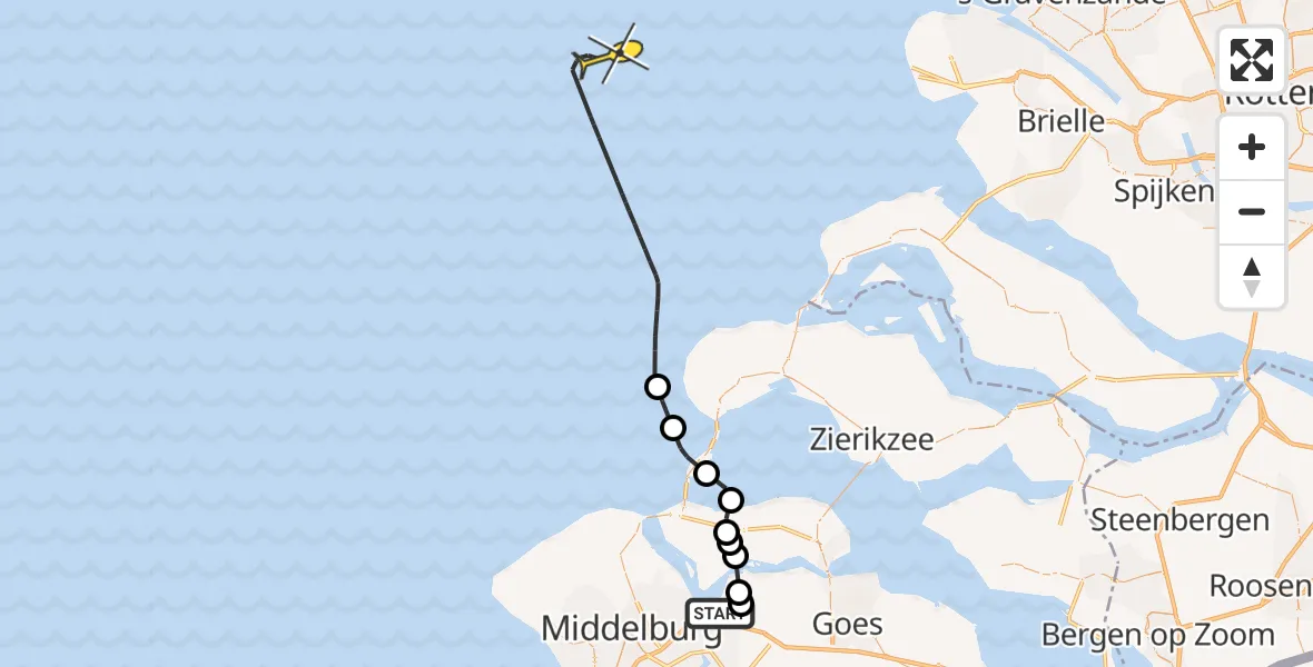 Routekaart van de vlucht: Kustwachthelikopter naar Calandweg