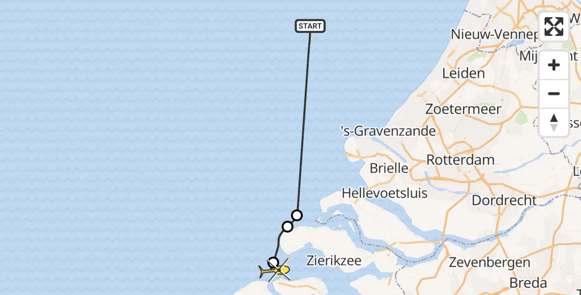 Routekaart van de vlucht: Kustwachthelikopter naar Vrouwenpolder, Noordelijke Pier