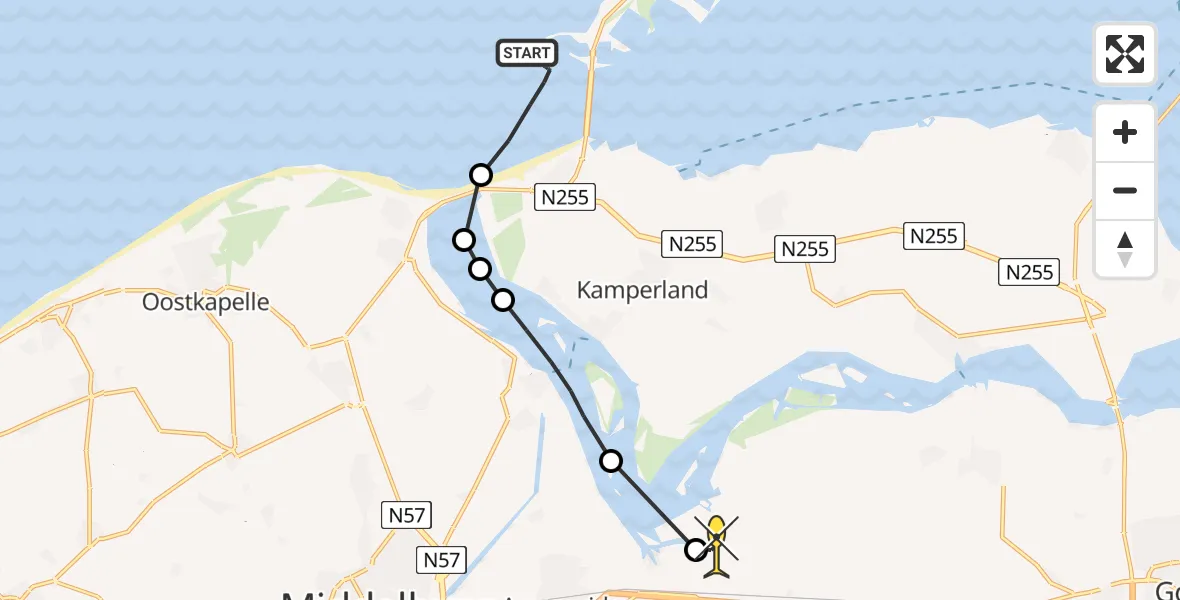 Routekaart van de vlucht: Kustwachthelikopter naar Vliegveld Midden-Zeeland, Calandweg