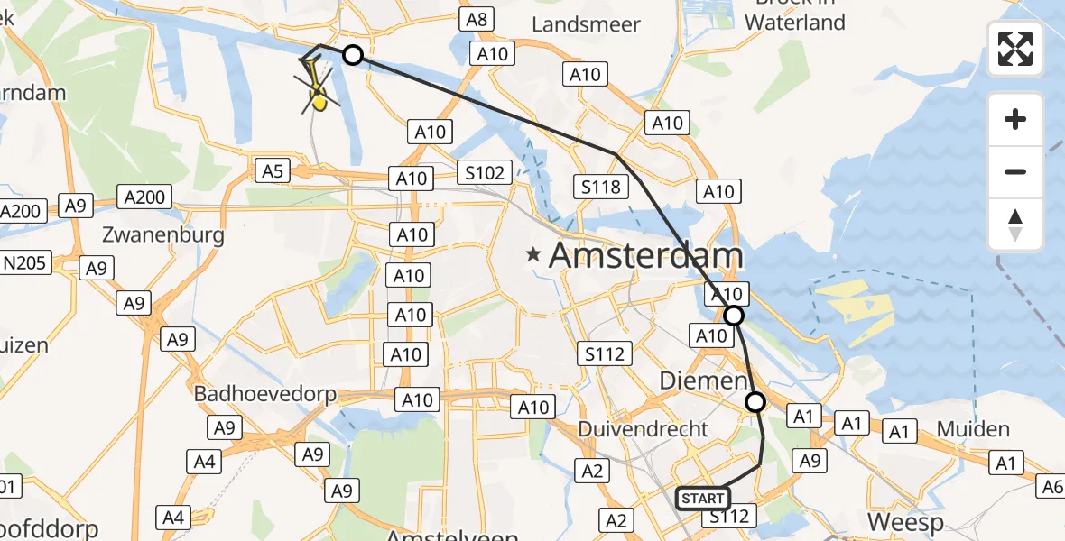 Routekaart van de vlucht: Lifeliner 1 naar Amsterdam Heliport, Hornweg