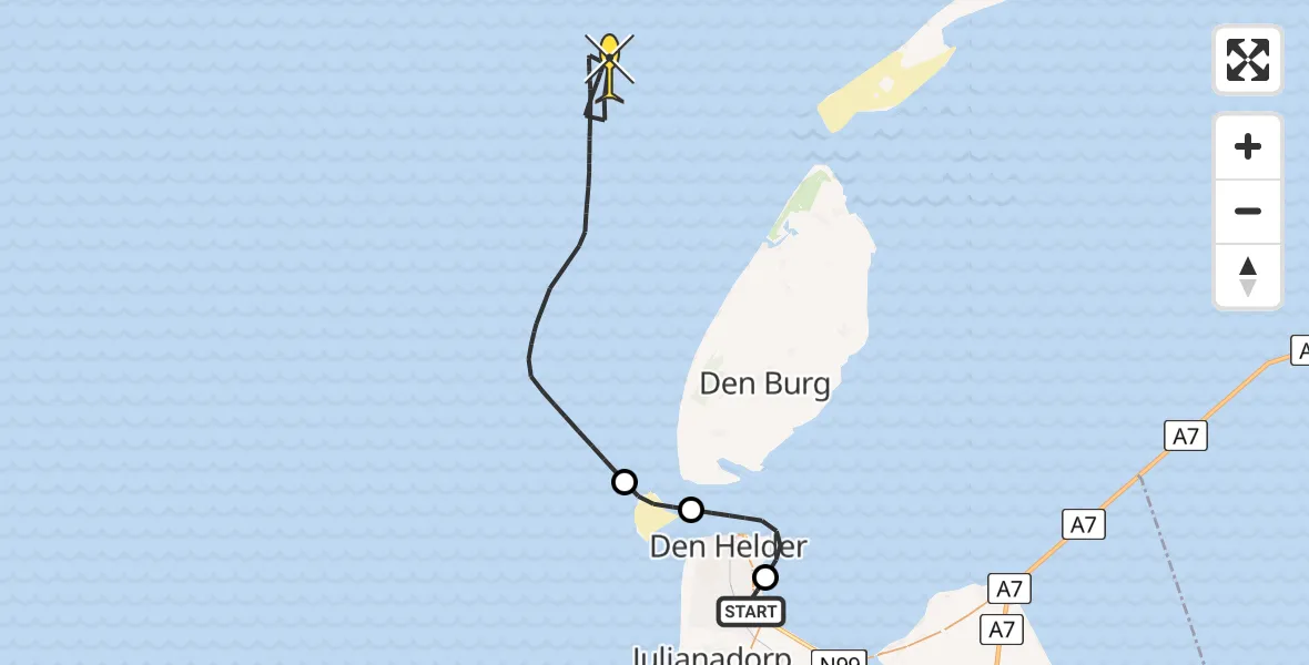 Routekaart van de vlucht: Kustwachthelikopter naar Oostoeverweg