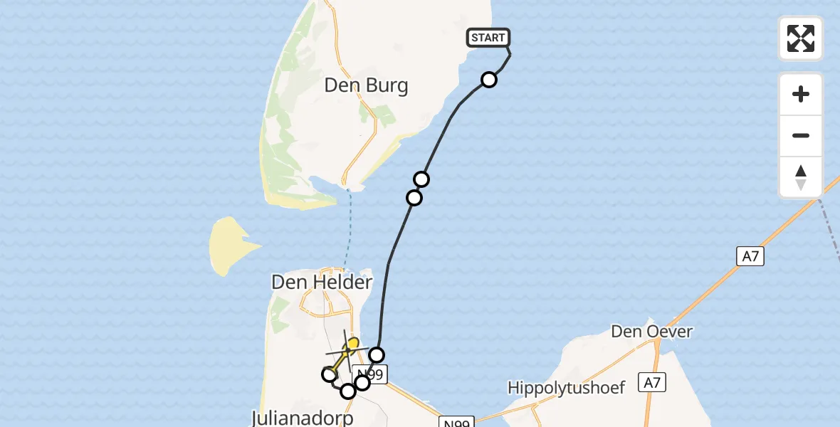 Routekaart van de vlucht: Kustwachthelikopter naar Vliegveld De Kooy, Luchthavenweg