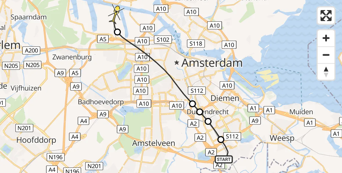Routekaart van de vlucht: Lifeliner 1 naar Amsterdam Heliport, Hornweg