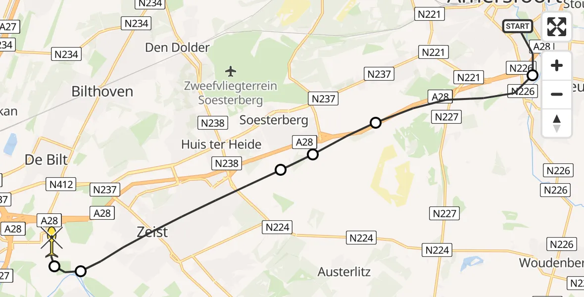 Routekaart van de vlucht: Lifeliner 1 naar Universitair Medisch Centrum Utrecht, UMC Ambulancetunnel