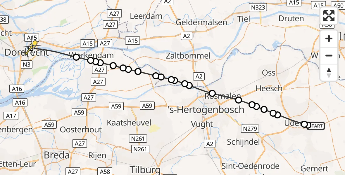 Routekaart van de vlucht: Lifeliner 3 naar Papendrecht, Veerdam