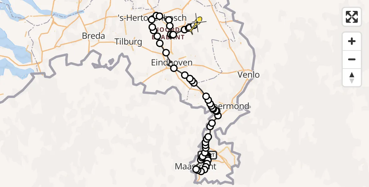Routekaart van de vlucht: Politieheli naar Vliegbasis Volkel, Zeelandsedijk