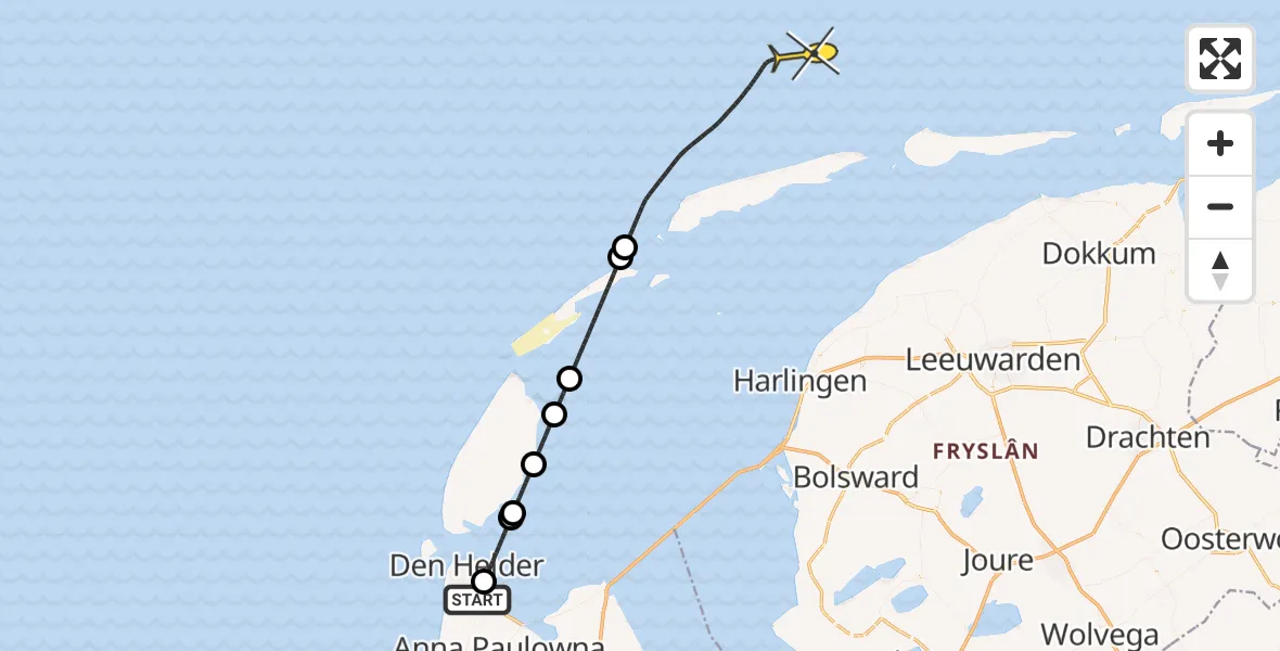 Routekaart van de vlucht: Kustwachthelikopter naar Oostoeverweg