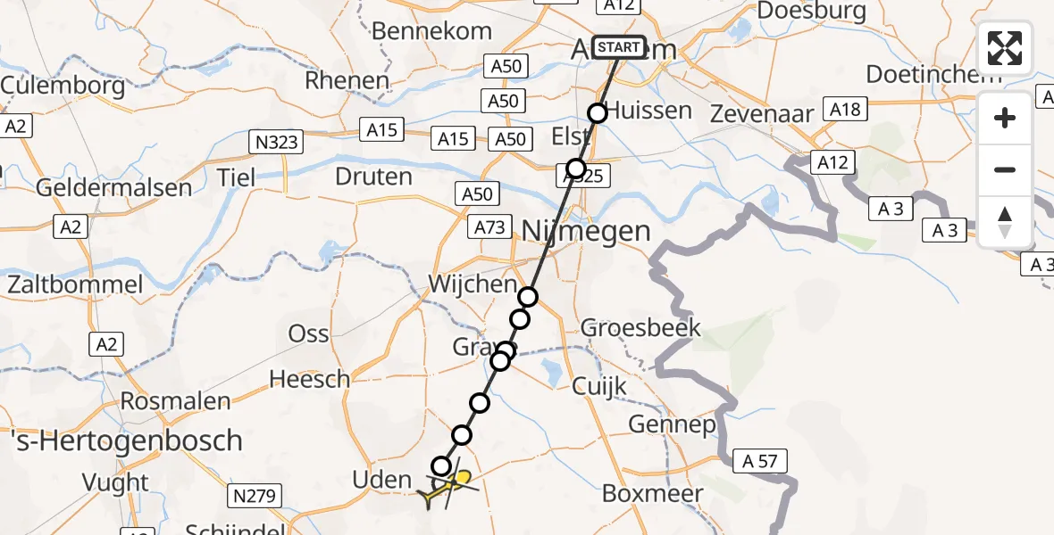 Routekaart van de vlucht: Lifeliner 3 naar Vliegbasis Volkel, Zeelandsedijk