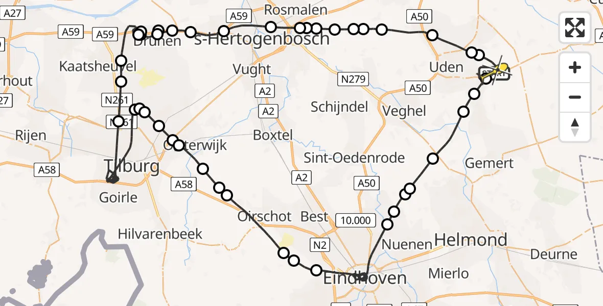 Routekaart van de vlucht: Politieheli naar Vliegbasis Volkel, Zeelandsedijk