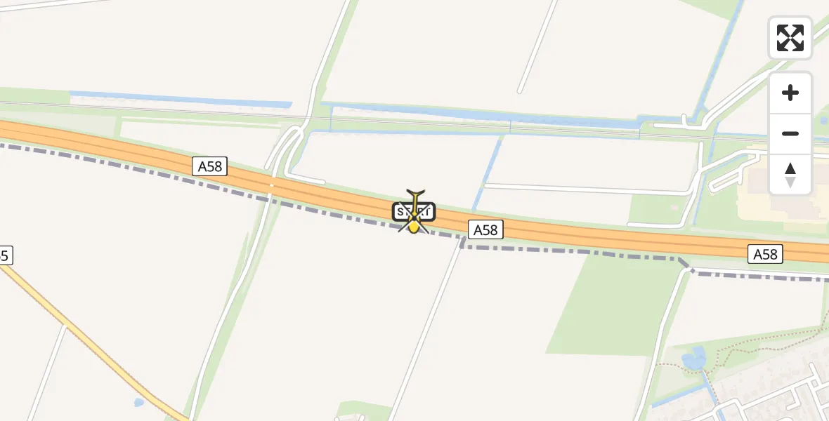 Routekaart van de vlucht: Kustwachthelikopter naar Vliegveld Midden-Zeeland, Rijksweg