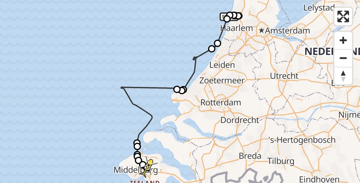 Routekaart van de vlucht: Politieheli naar Vliegveld Midden-Zeeland, Calandweg