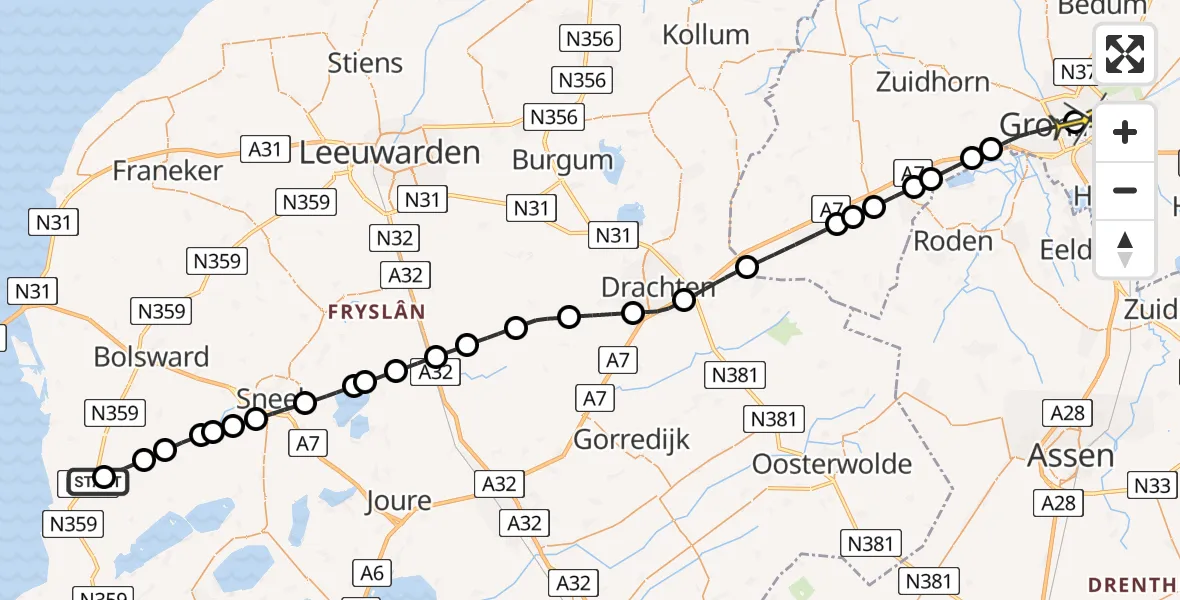 Routekaart van de vlucht: Lifeliner 4 naar Universitair Medisch Centrum Groningen, Kruitgracht