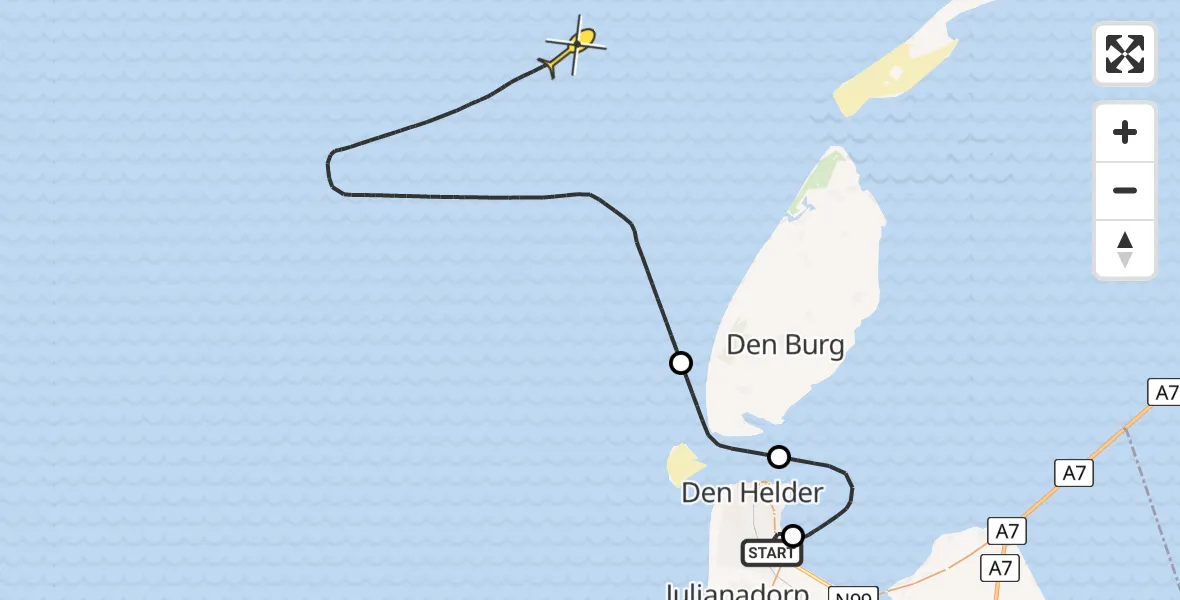 Routekaart van de vlucht: Kustwachthelikopter naar Balgzandkanaal