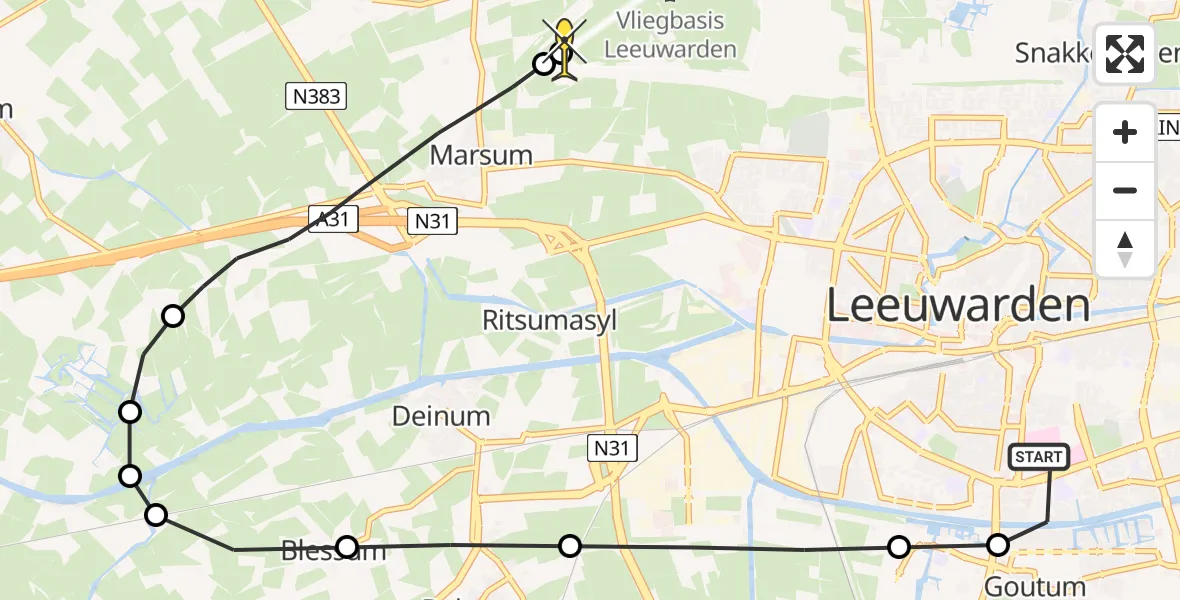 Routekaart van de vlucht: Ambulancehelikopter naar Vliegbasis Leeuwarden, Ljouwerterdyk